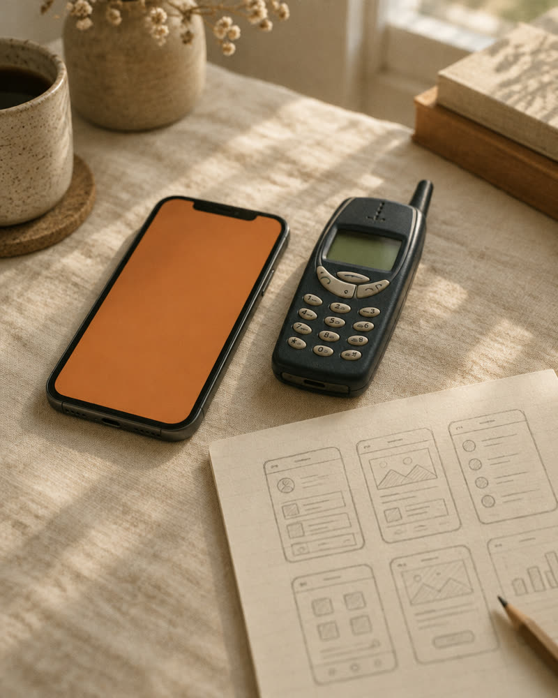 Un telefon modern lângă un telefon mobil de la sfârșitul anilor '90 și o schiță de ecrane pe hârtie
